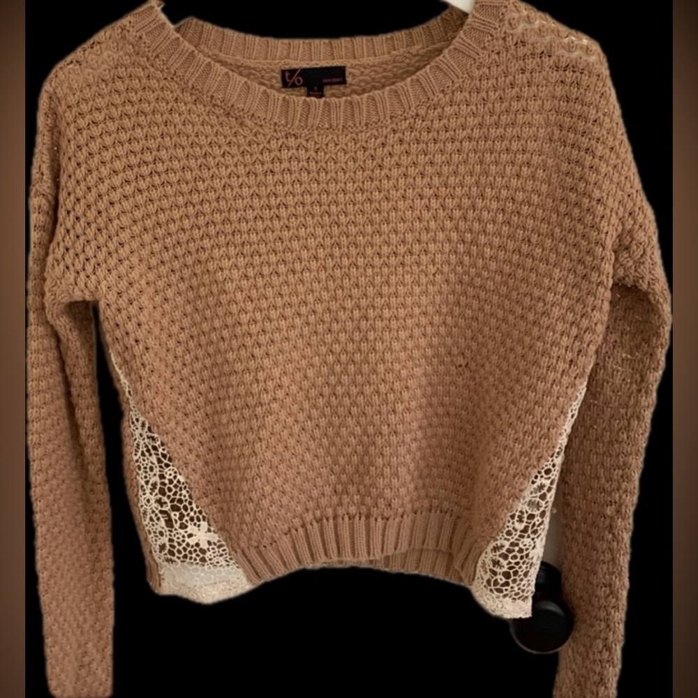 T/O Sweaters Cropped Dusty Mauve Knit Sweater with Ivory Lace Side Insets